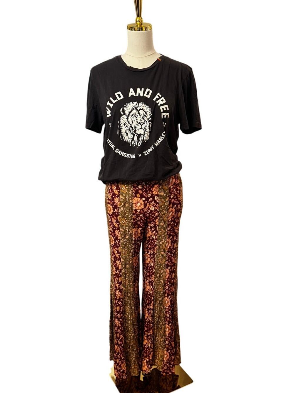 Free People Bali Wide Leg Flare Pants Wine Floral Patchwork Boho Size S